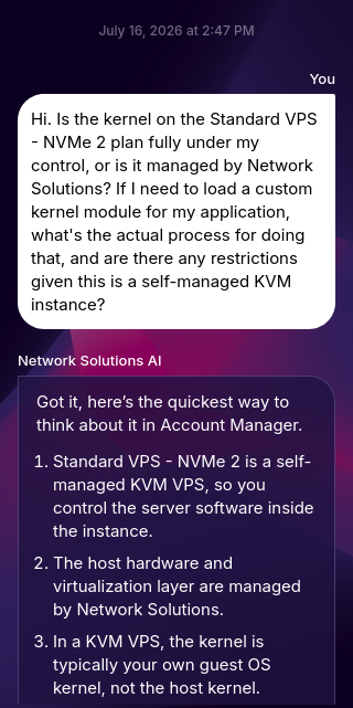 Network Solutions support AI response to a VPS kernel question