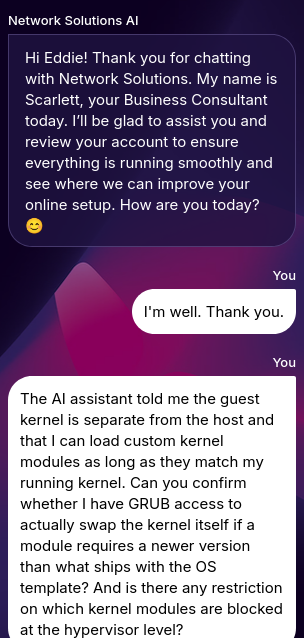 Network Solutions live chat conversation with a support agent