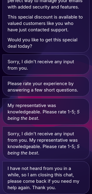 Network Solutions post-chat offer and satisfaction survey