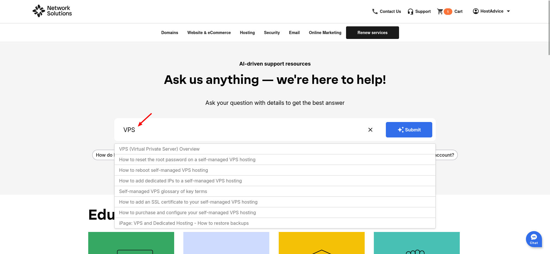 Network Solutions knowledge base VPS search results