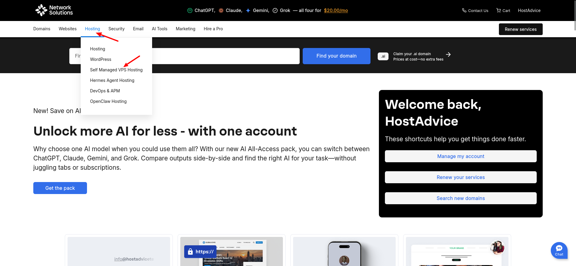 Network Solutions website Hosting menu showing Self Managed VPS Hosting