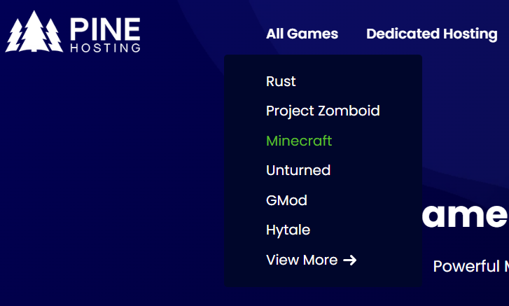Pagina di selezione del game hosting di Pine Hosting