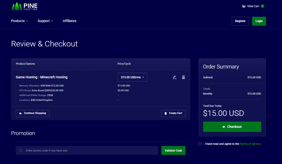 Configurazione dell'hosting Minecraft Pine Hosting e riepilogo ordine