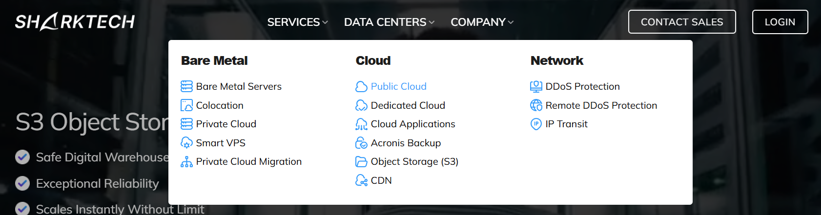 Sharktech homepage navigation showing hosting service categories