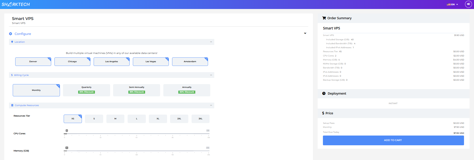 Sharktech VPS configuration page with order summary and Add to Cart button