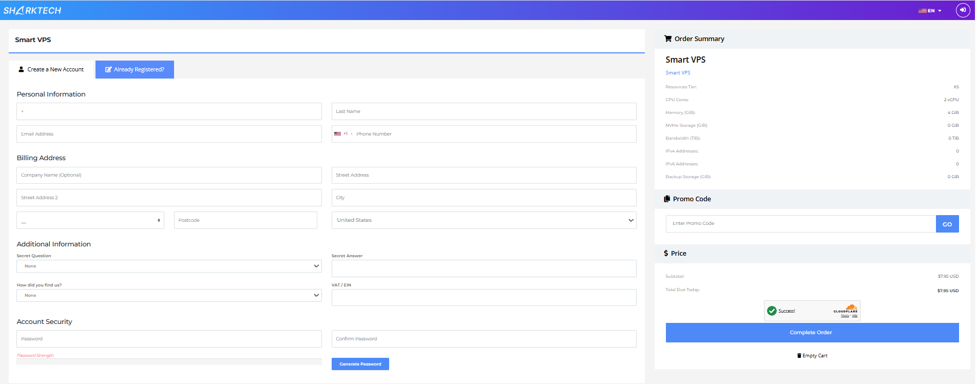 Sharktech account registration and promo code checkout page