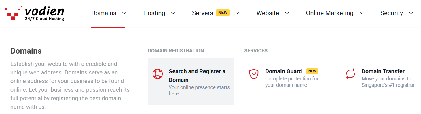 Vodien Domains opcija galvenajā navigācijas izvēlnē