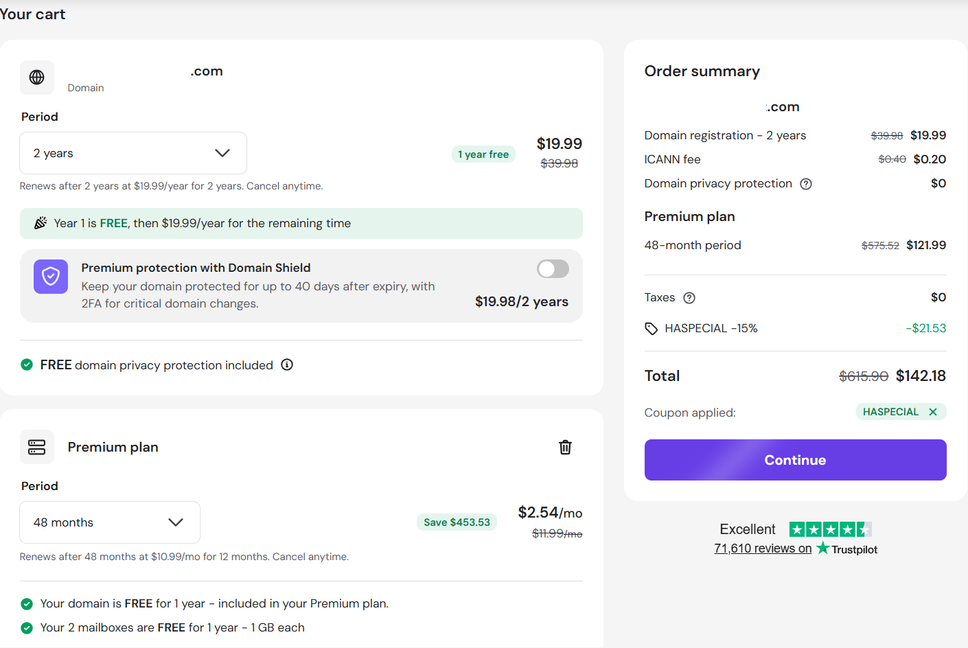 screenshot of applied HASPECIAL Hostinger coupon code from Hostadvice