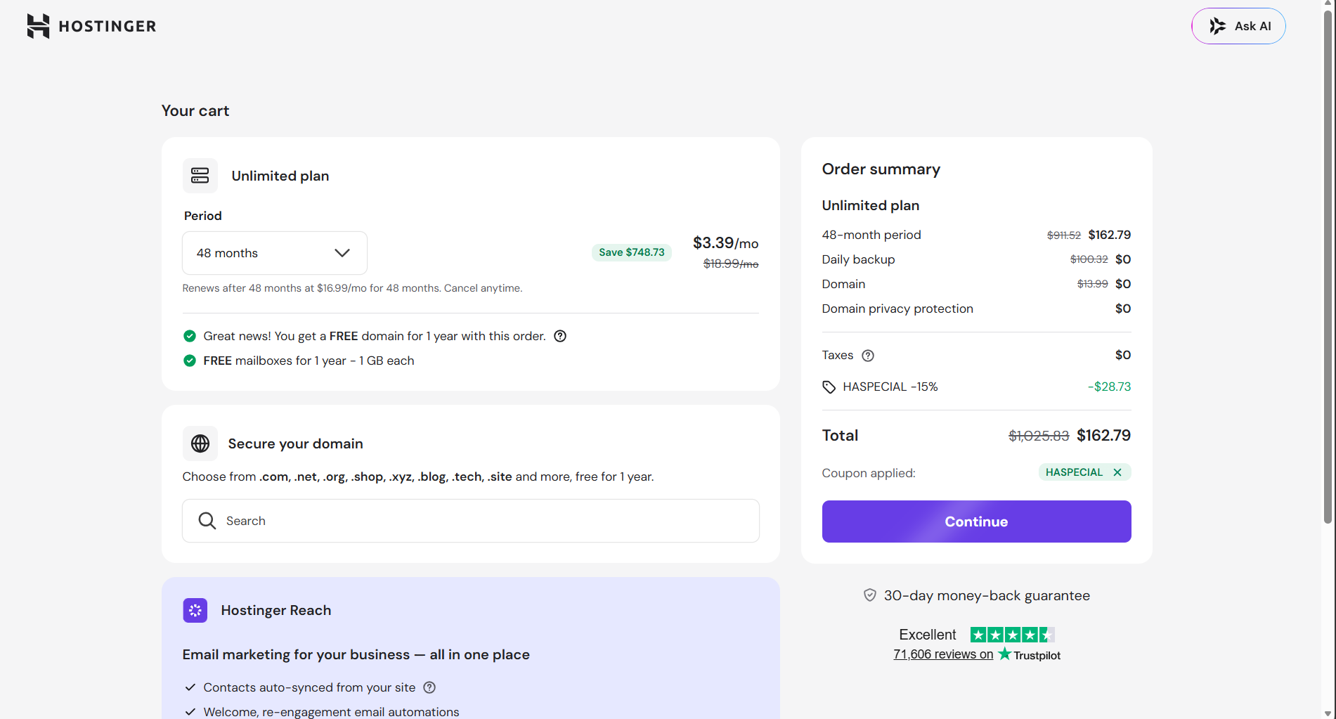 screenshot of applied HASPECIAL Hostinger coupon code from Hostadvice