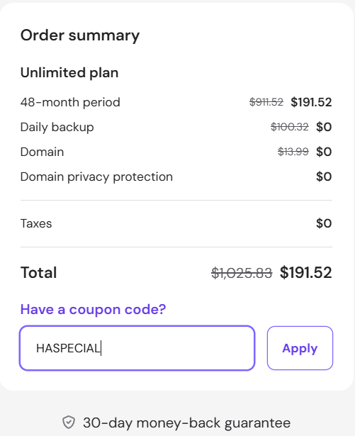 screenshot of entering HASPECIAL Hostinger coupon from HostAdvice
