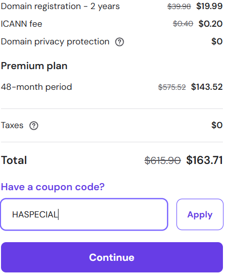 screenshot of entering HASPECIAL Hostinger coupon code from Hostadvice