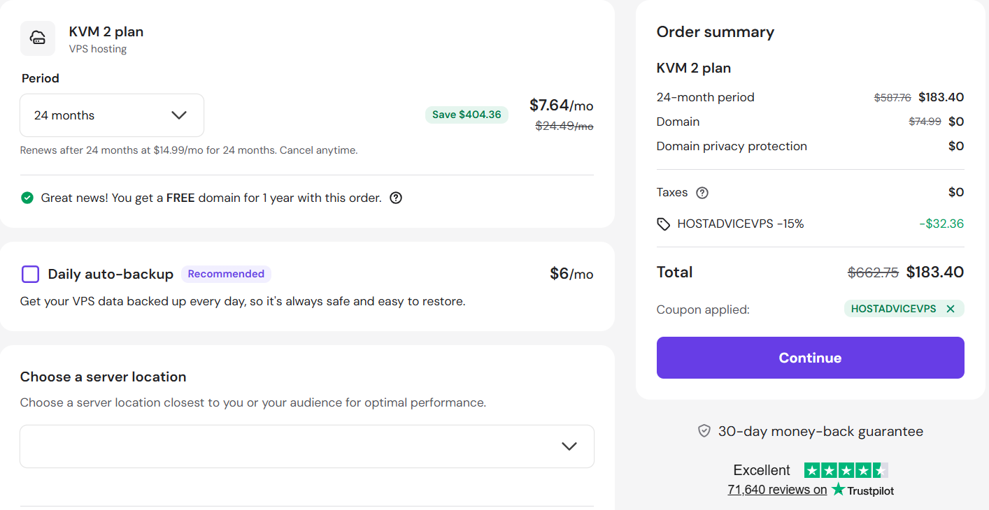 screenshot of applied HOSTADVICEVPS Hostinger coupon code from Hostadvice