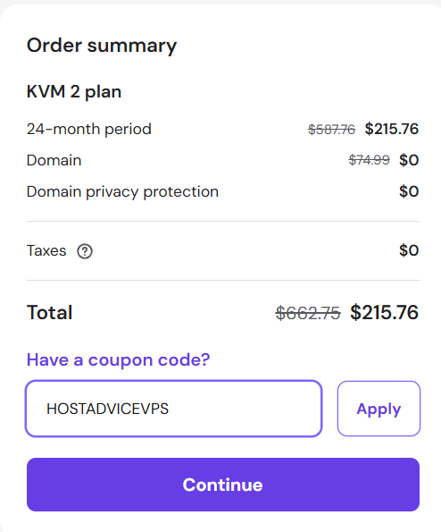 screenshot of entering HOSTADVICEVPS Hostinger coupon code from Hostadvice