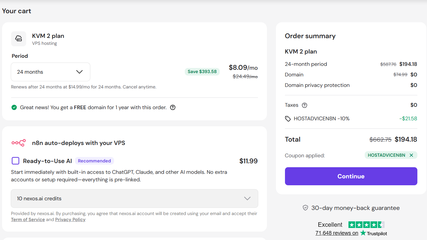 screenshot of entering HOSTADVICEN8N Hostinger coupon code from Hostadvice