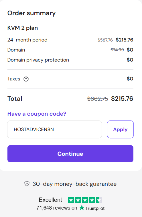 screenshot of entering HOSTADVICEN8N Hostinger coupon code from Hostadvice