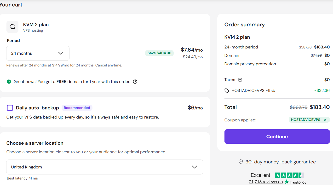 screenshot of applied HOSTADVICEVPS Hostinger coupon code from HostAdvice
