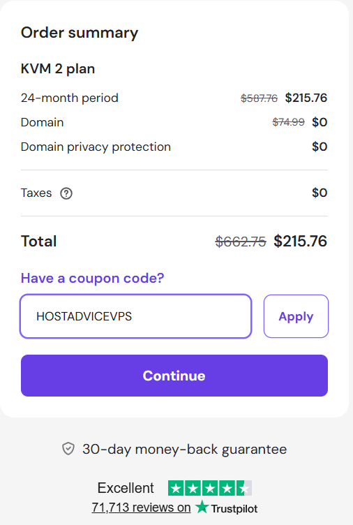 screenshot of entering HOSTADVICEVPS Hostinger coupon code from HostAdvice