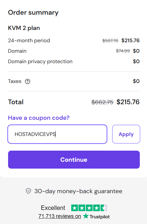 screenshot of entering HOSTADVICEVPS Hostinger coupon code from HostAdvice