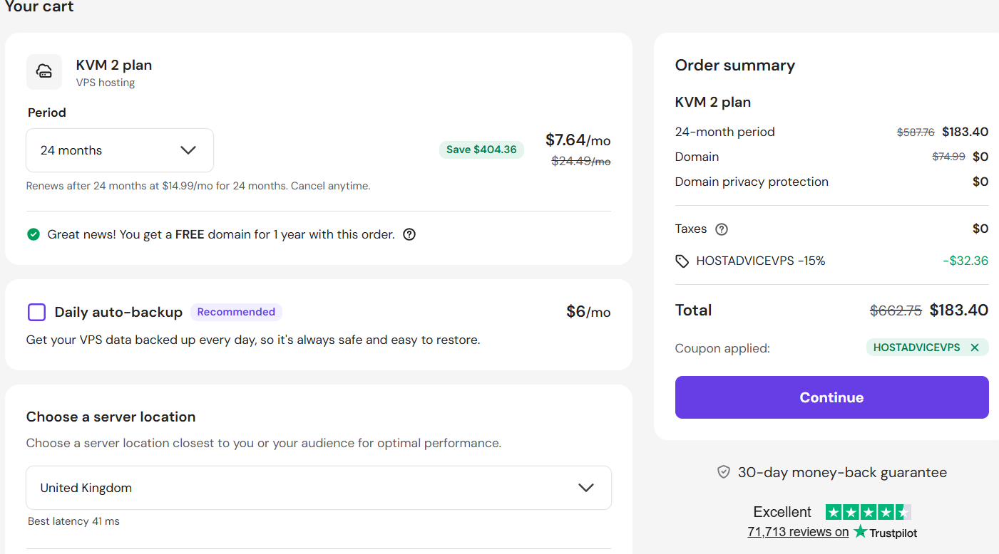 screenshot of applied HOSTADVICEVPS Hostinger coupon from HostAdvice