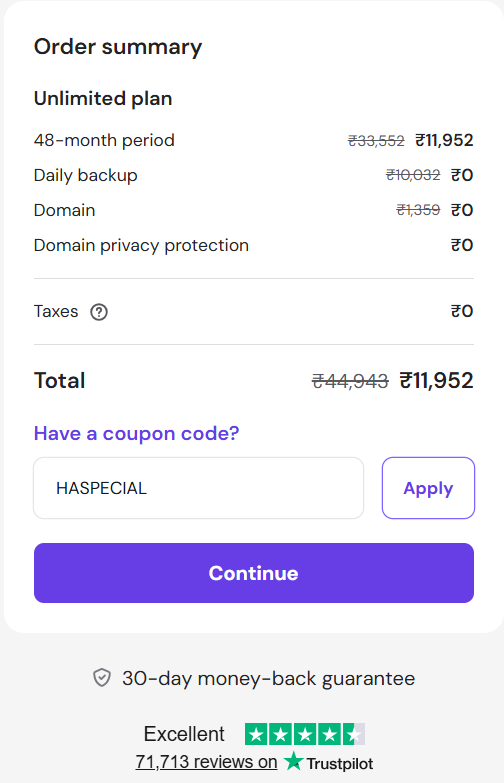screenshot of entering HASPECIAL Hostinger coupon code from HostAdvice