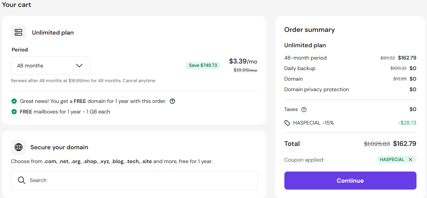 screenshot of applied HASPECIAL Hostinger coupon code from HostAdvice