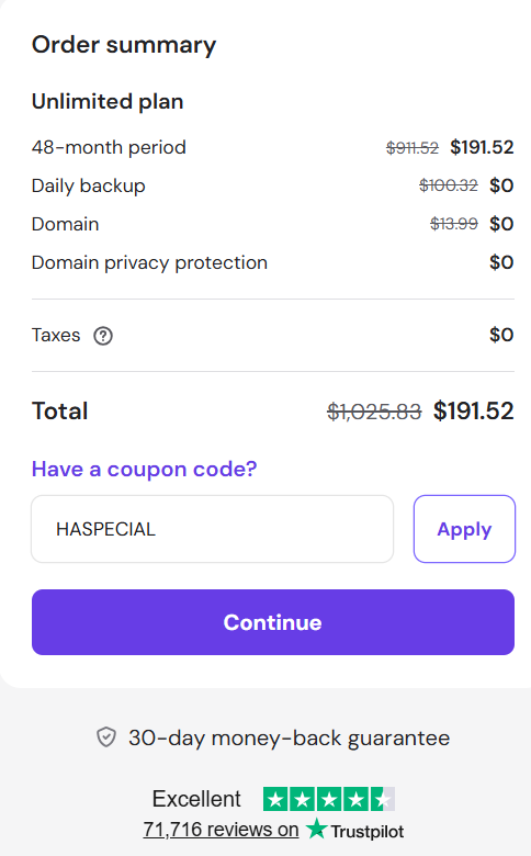 screenshot of entering HASPECIAL Hostinger coupon code from HostAdvice