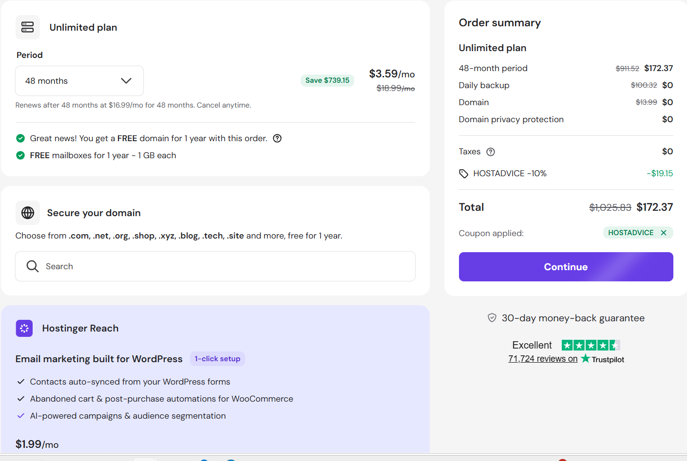 screenshot of applied HOSTADVICE Hostinger coupon code from HostAdvice