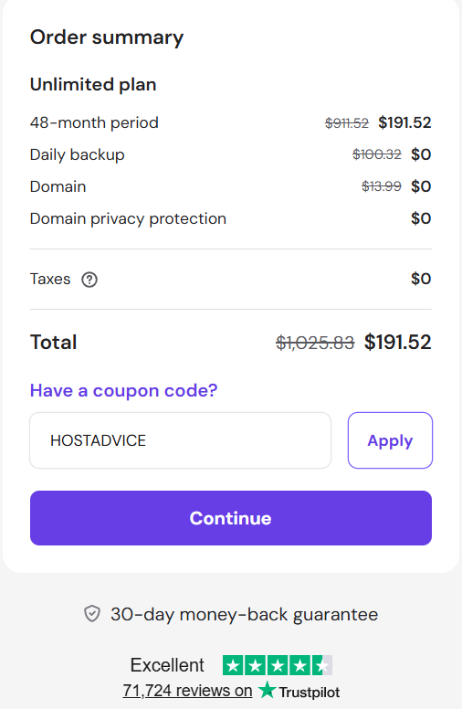 screenshot of entering HOSTADVICE Hostinger coupon code from HostAdvice