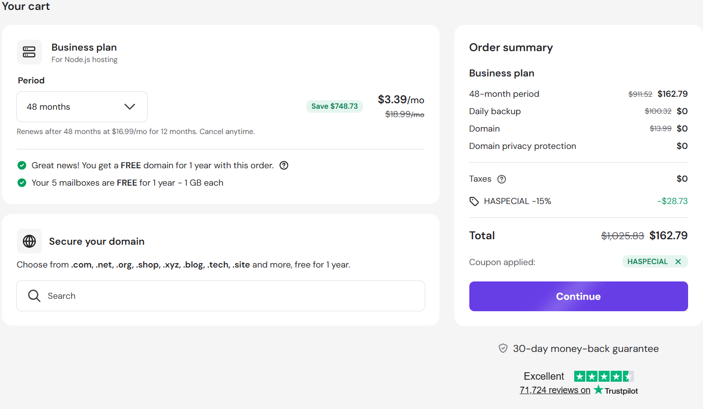 screenshot of entering HASPECIAL Hostinger coupon code from HostAdvice