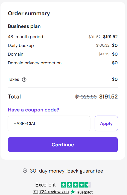 screenshot of entering HASPECIAL Hostinger coupon code from HostAdvice