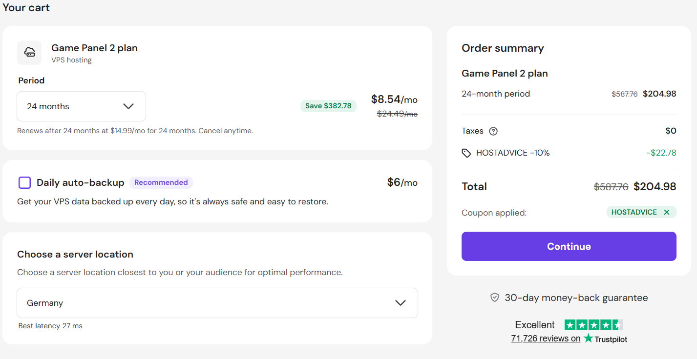 screenshot of applied HOSTADVICE Hostinger coupon code from HostAdvice