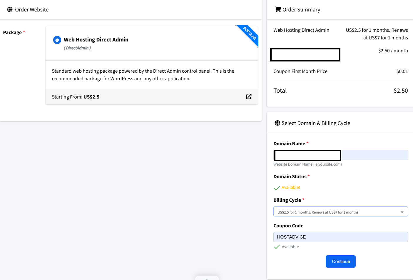 screenshot of entering HOSTADVICE InterServer coupon code from HostAdvice