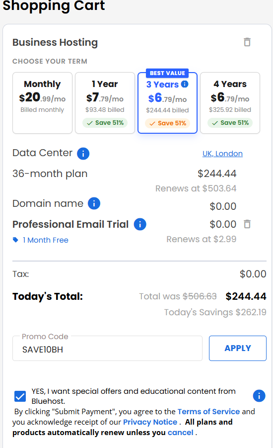 screenshot of entering SAVE10BH Bluehost coupon code from HostAdvice