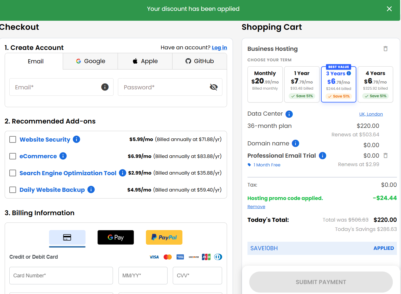 screenshot of applied SAVEBH10 Bluehost coupon code from HostAdvice