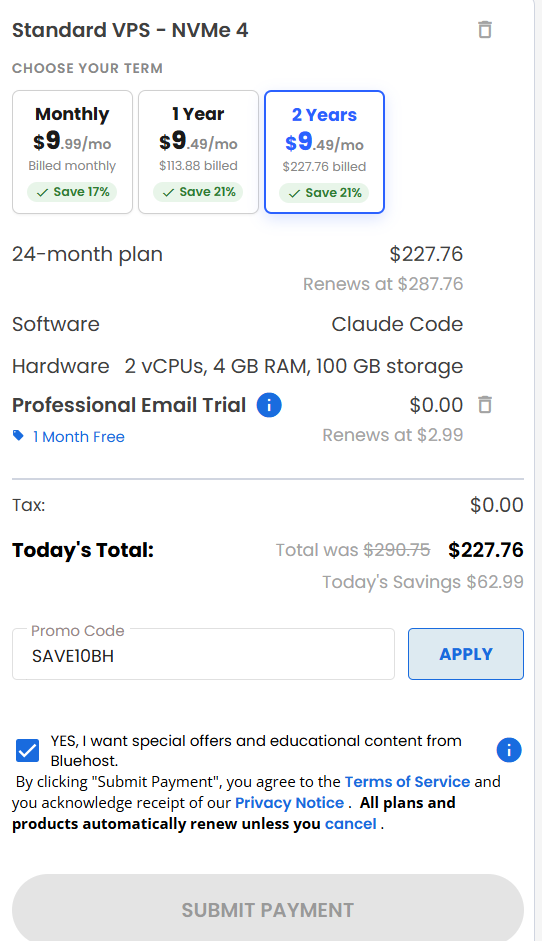 screenshot of entering SAVE10BH Bluehost coupon code from HostAdvice