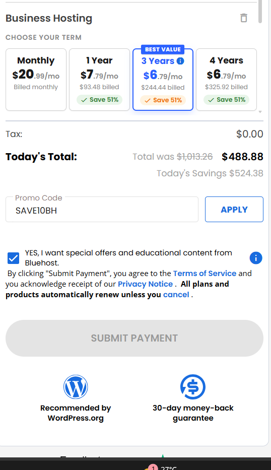 screenshot of entering SAVE10BH Bluehost coupon code from HostAdvice
