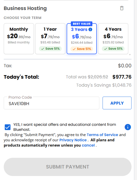 screenshot of entering SAVE10BH Bluehost coupon code from HostAdvice
