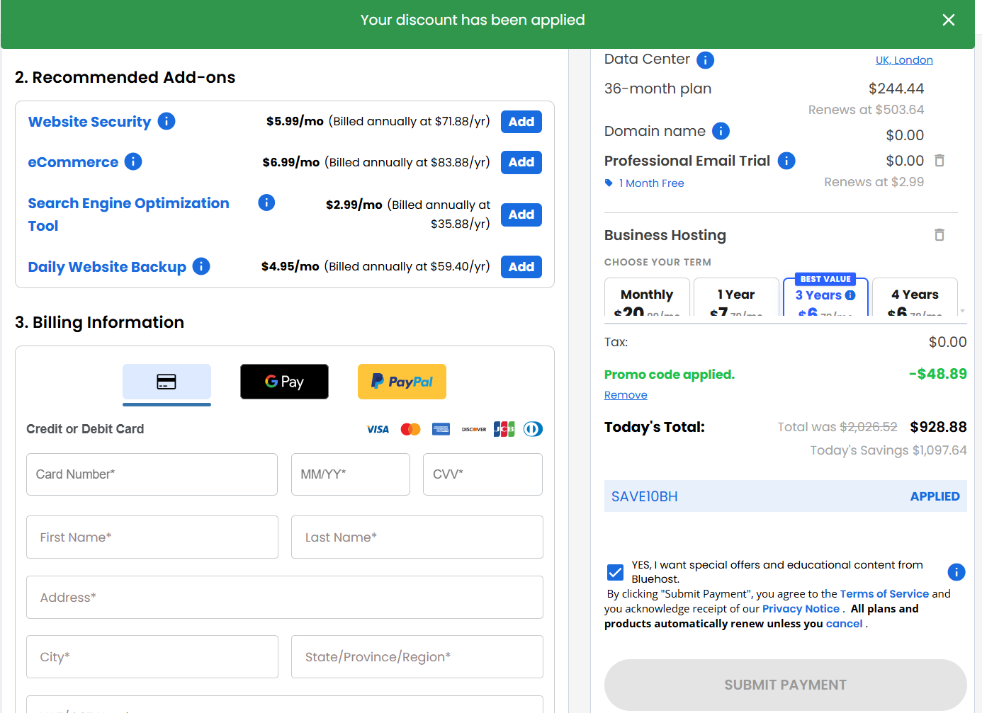 screenshot of applied SAVE10BH Bluehost coupon code from HostAdvice