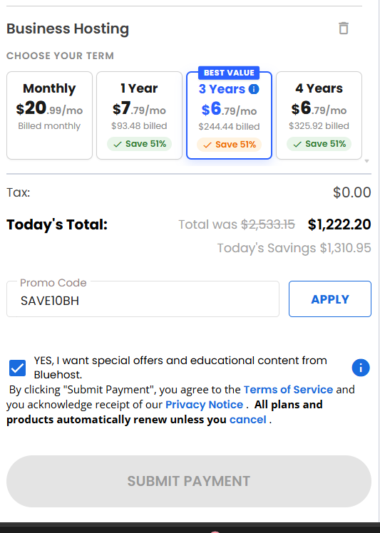 screenshot of entering SAVE10BH Bluehost coupon code from HostAdvice
