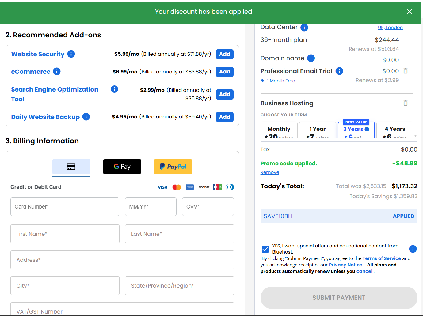 screenshot of applied SAVE10BH Bluehost coupon code from HostAdvice