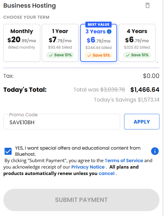 screenshot of entering SAVE10BH Bluehost coupon code from HostAdvice