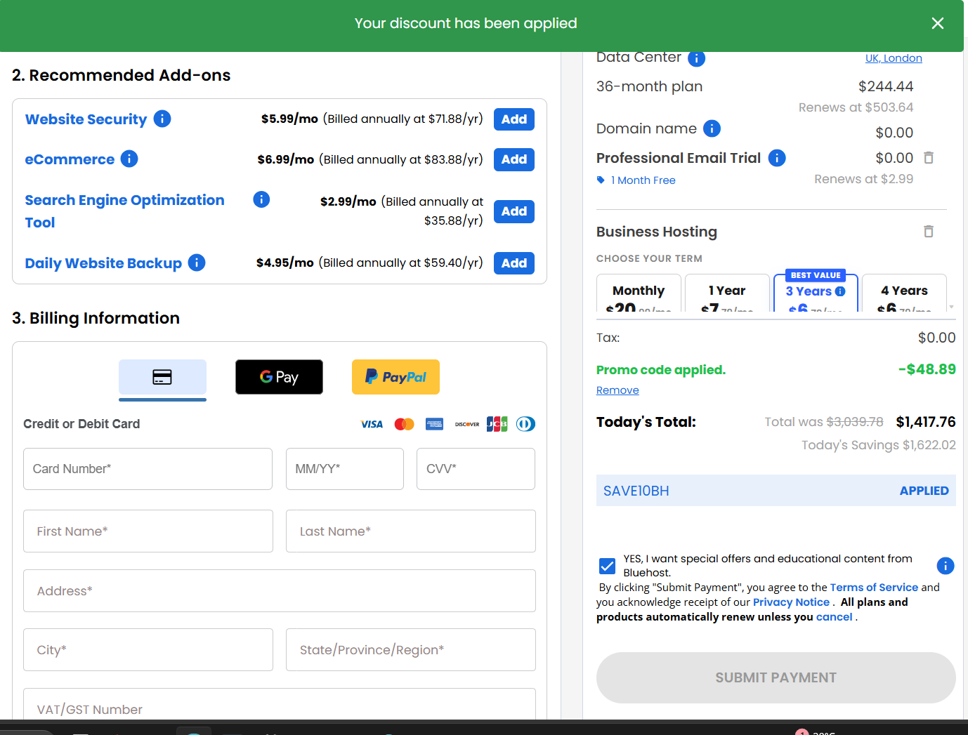 screenshot of applied SAVE10BH Bluehost coupon code from HostAdvice