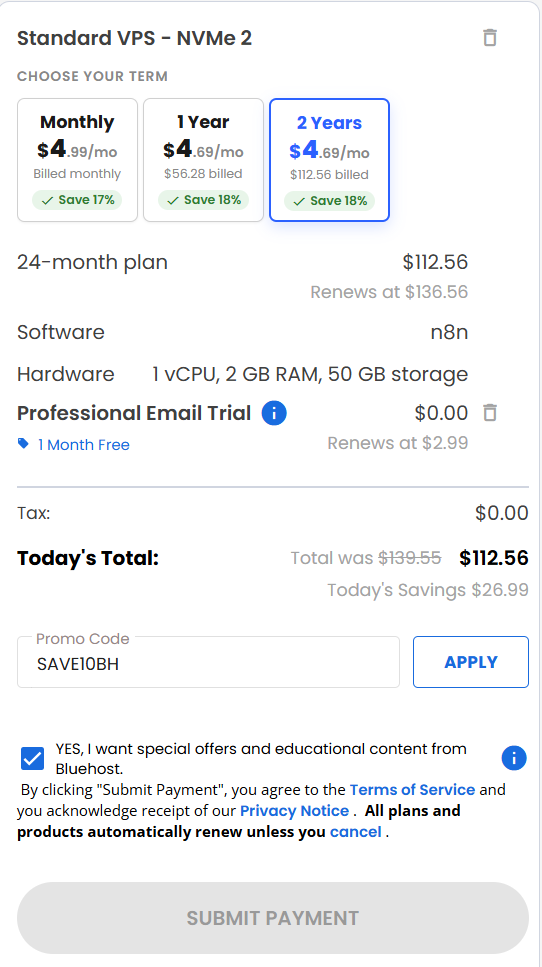 screenshot of entering SAVE10BH Bluehost coupon code from HostAdvice