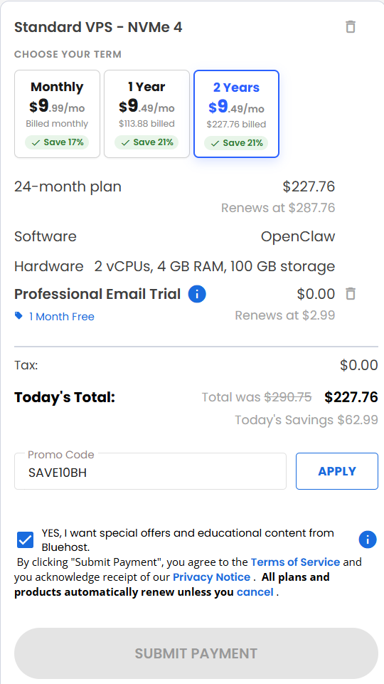 screenshot of entering SAVE10BH Bluehost coupon code from HostAdvice