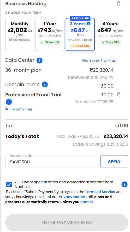 screenshot of entering SAVE10BH Bluehost coupon code from HostAdvice