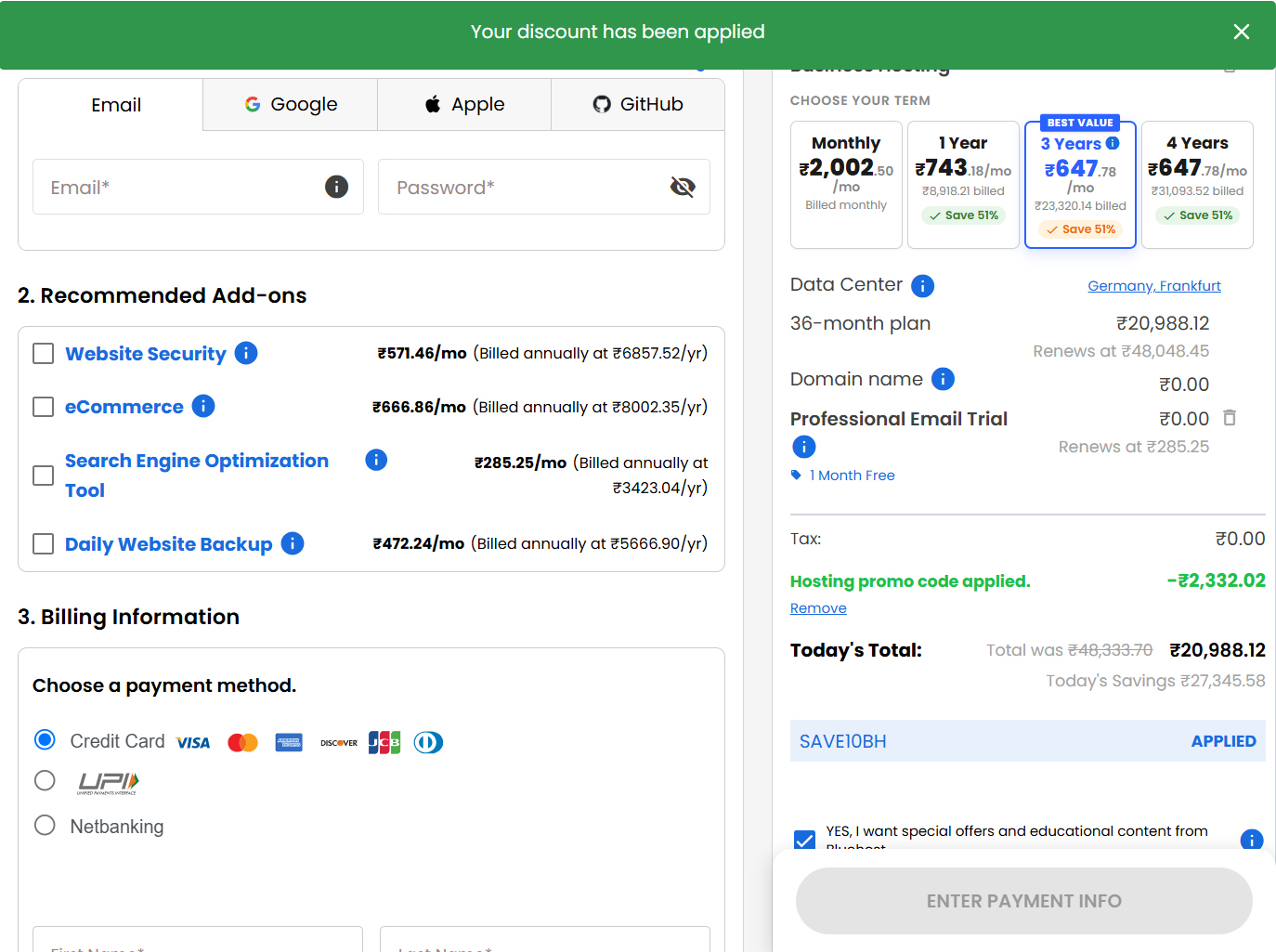 screenshot of applied SAVE10BH Bluehost coupon code from HostAdvice