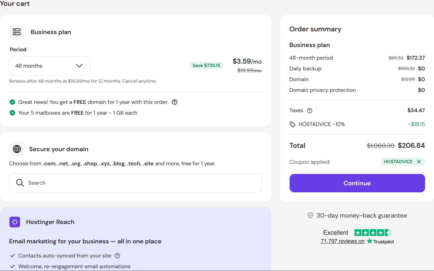 screenshot of applied HOSTADVICE Hostinger coupon from HostAdvice