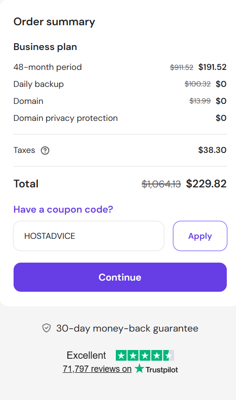 screenshot of entering HOSTADVICE Hostinger coupon code from HostAdvice