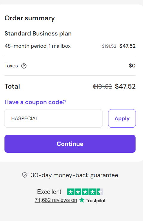 screenshot of entering HASPECIAL Hostinger coupon code from HostAdvice