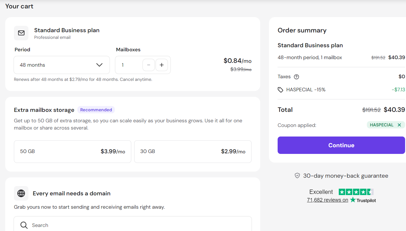 screenshot of applied HASPECIAL Hostinger coupon code from HostAdvice